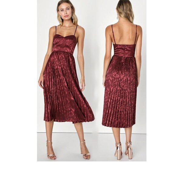 Lulus Dresses & Skirts - Lulus Chic Sensibility Burgundy Satin Jacquard Pleated Midi Dress Size XL New